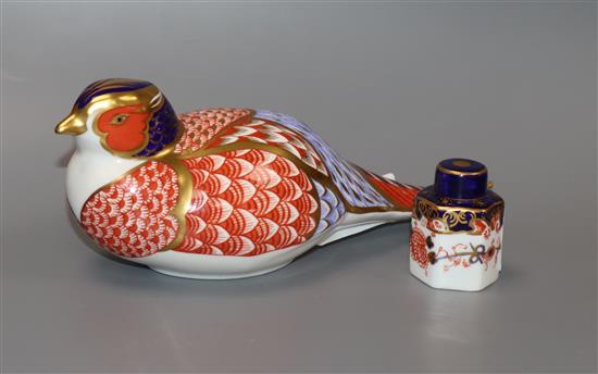 A Crown Derby pheasant paperweight and miniature lidded jar